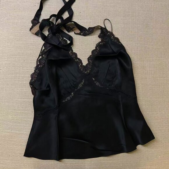 BEST Reformation Monica Silk Top Medium Black Noir Halter Lace Lux French - Picture 5 of 8